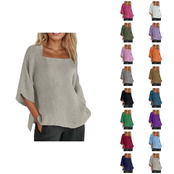Oversized T Shirts for Women Summer Casual Cotton Linen Lightweight Short Sleeve Square Neck Plain Beach Tshirts
