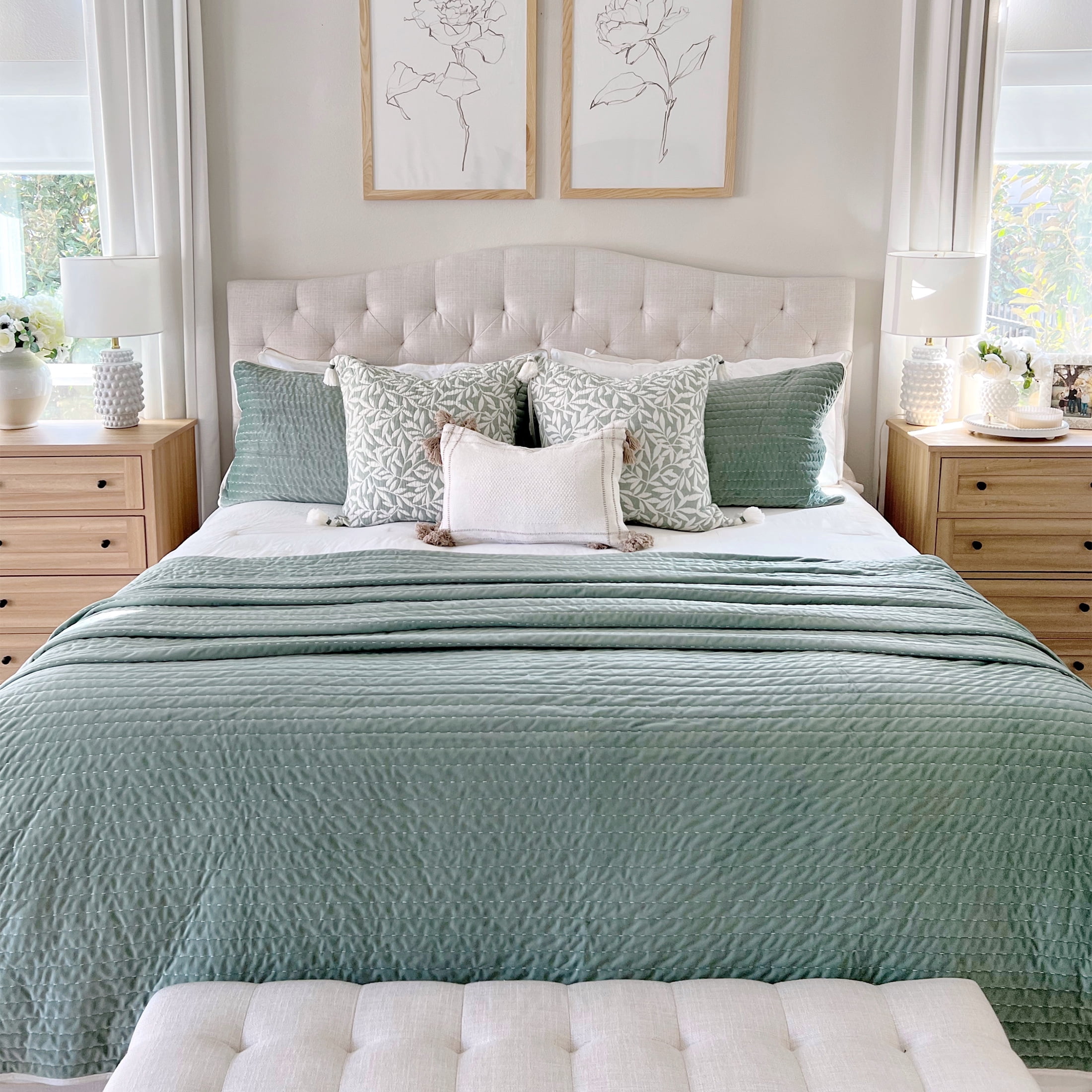 My Texas House Quinn Iceberg Green Pick Stitch Stripe Velvet 3-Piece Quilt Set, King