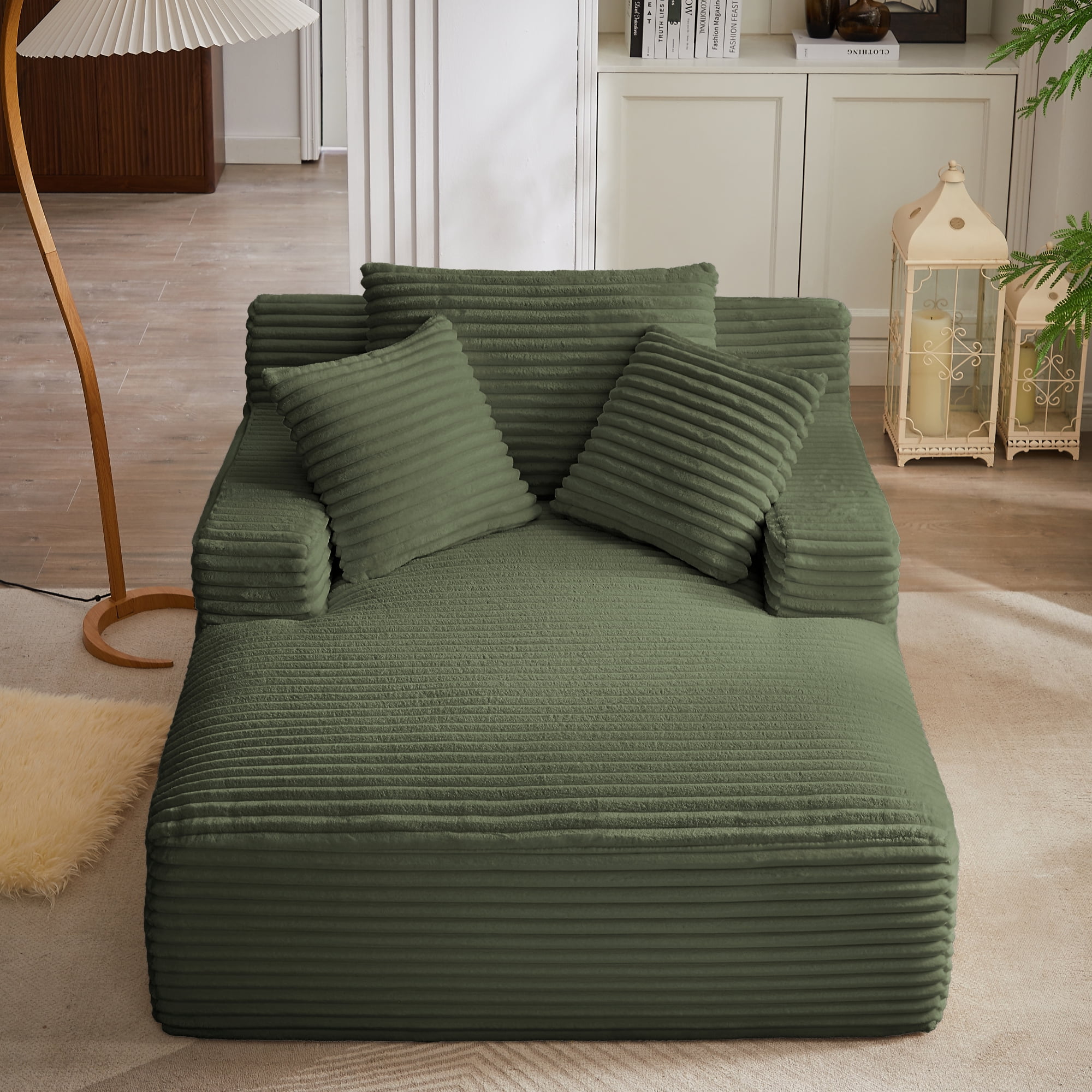 Leumius Oversized Chaise Lounge Chair Indoor,Modern Corduroy Deep Seat Chaise Lounge with 3 Throw Pillows, Square Arm Boneless Floor Sofa,Lazy Sofa for Living Room Bedroom,No Assembly,Green
