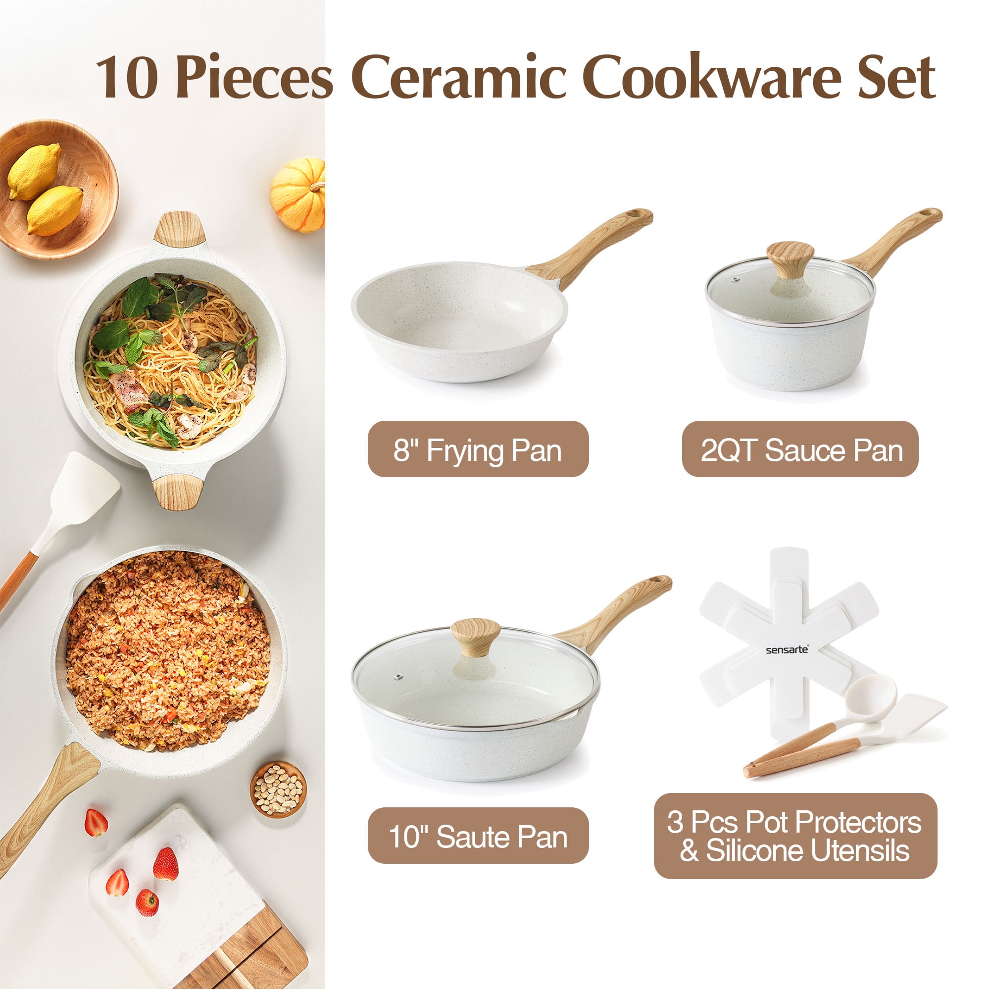 SENSARTE 10-Piece Ceramic Pots and Pans Set, White Induction Nonstick Cookware Set, Healthy Kitchen Cooking Sets with Stay-Cool Handles, Stackable