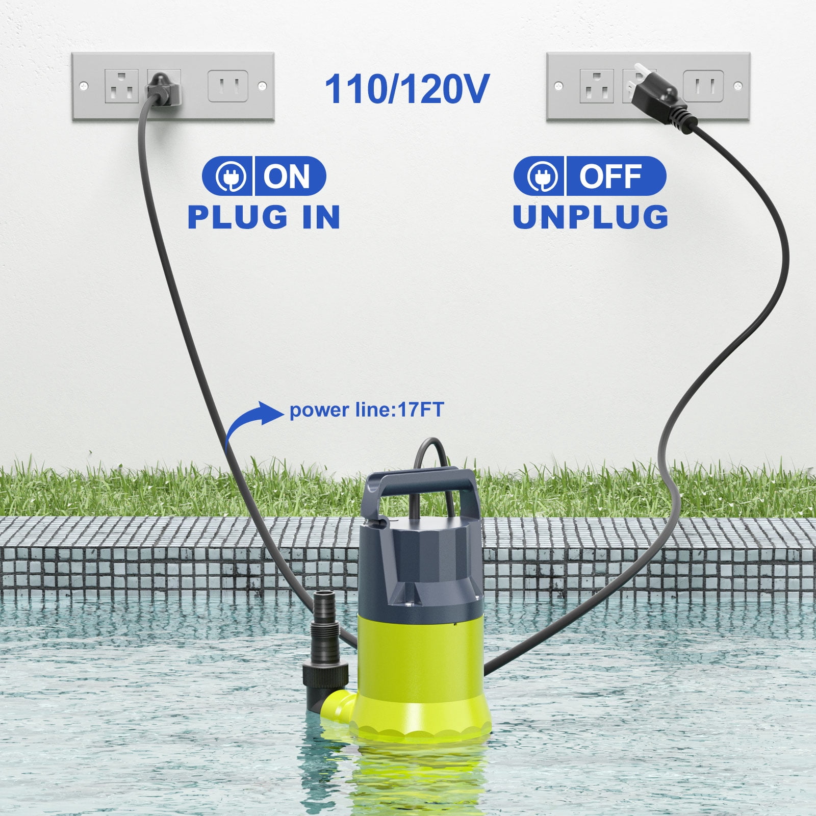 Sump Pump Submersible Water Pump 1.5HP 5500GPH Portable Water Transfer Draining Pump Utility Pumps for Pool Basement Hot Tub Garden with Adapters