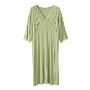 AherBiu Chemises de Nuit d'Été pour Femmes Col en V Dentelle Manches 3/4 Pyjamas Doux Chemises de Nuit Amples Confortables Robe de Nuit Midi