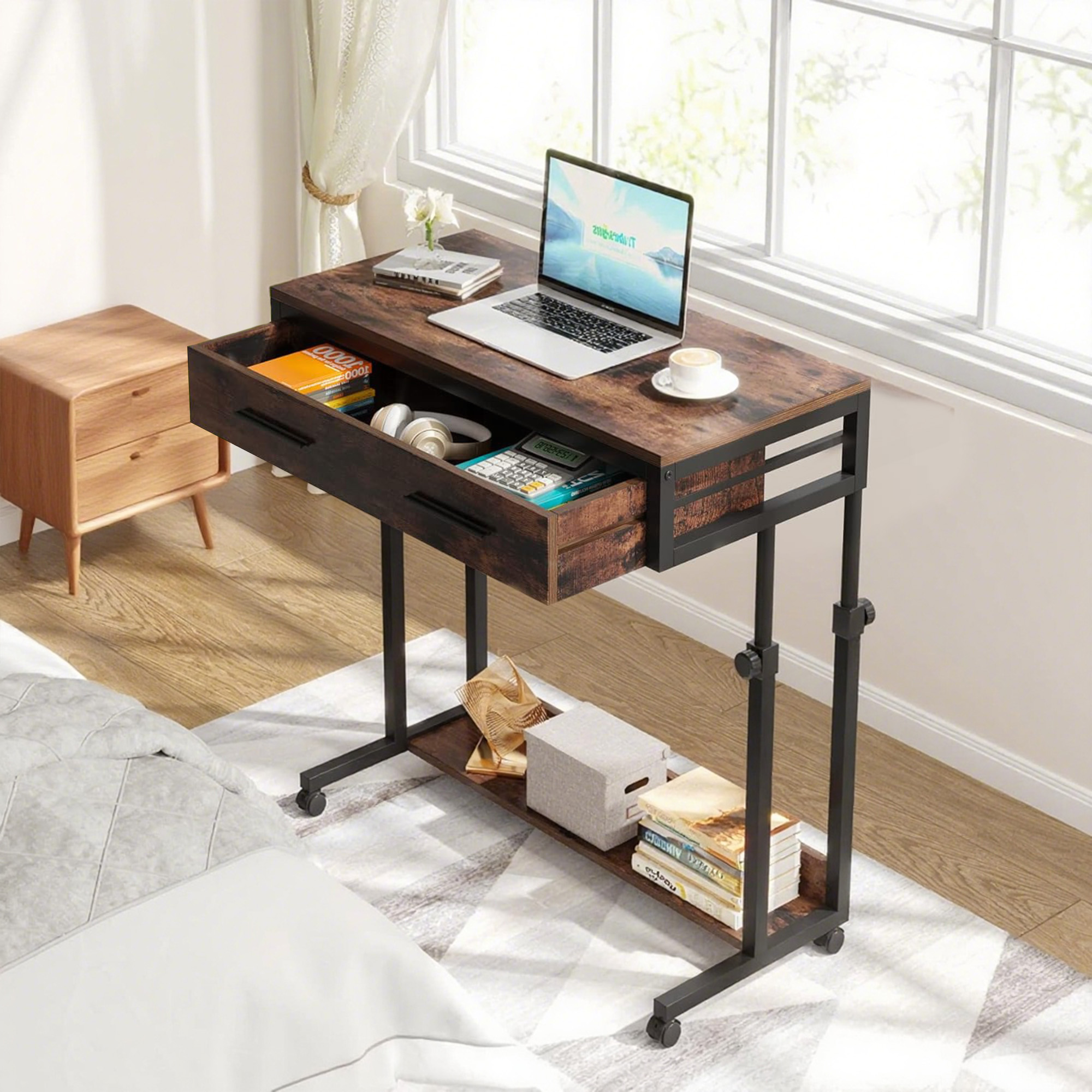 MAYEERTY 31.5" Mobile Side Table with Locking Wheels, Multifunctional Couch Desk for Home Office