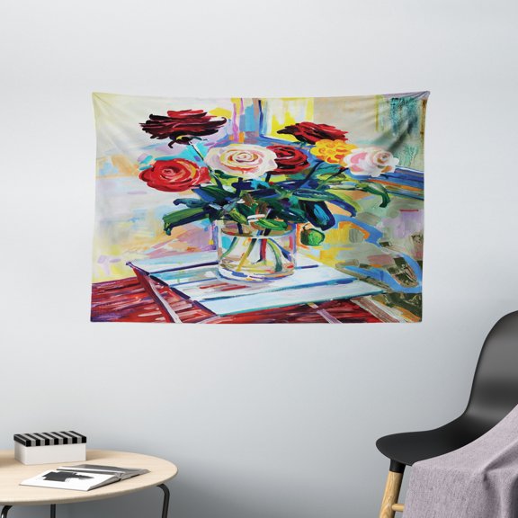 Fine Art Tapestry, Composition of Rose Bouquets in the Vase Porch Country House Brushstrokes Creative, Wall Hanging for Bedroom Living Room Dorm Decor, 60W X 40L Inches, Multicolor, by Ambesonne
