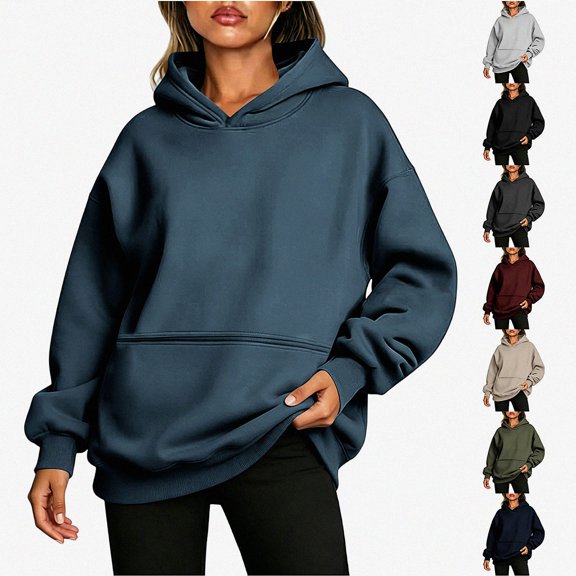 DJDLJWCJ Womens Oversized Hoodies Loose Fit Long Sleeve Hooded Swatshirts Solid Color Pullover Tops Blue Size S