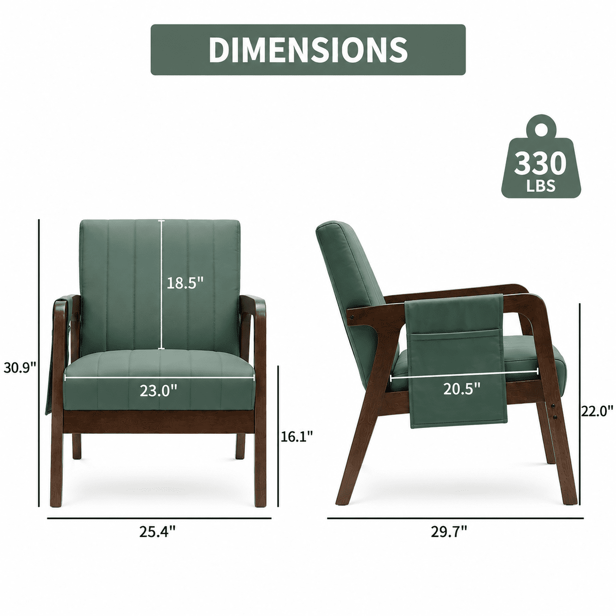 MOONMISS PU Leather Accent Chair,Mid-Century Modern Wood Frame Arm Chair with Side Pocket Cushioned Sofa,Green