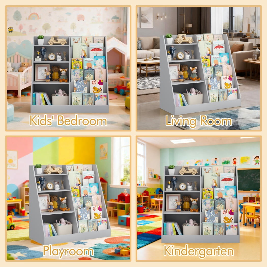 4-Tier Kids Bookshelf and Toy Storage Organizer, Wooden Children's Bookcase with Multi-Level Shelves & Toy Bin, Book Display Stand for Kids Room, Playroom & Nursery, Gray