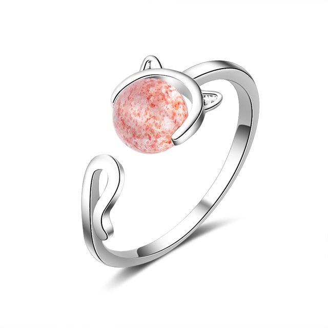 Anillo de perla de gato de cristal rosa chapado en plata, regalo de joyería ajustable para mujeres y niñas, 1 pieza JAMW Sencillez