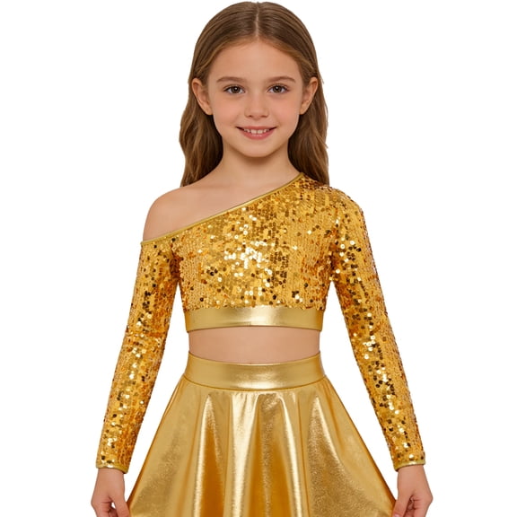 TSSOE Kids Girls One Shoulder Long Sleeve Sequins Jazz Hip Hop Ballet Dance Crop Top Athletic Shirts For Performance Gold 12
