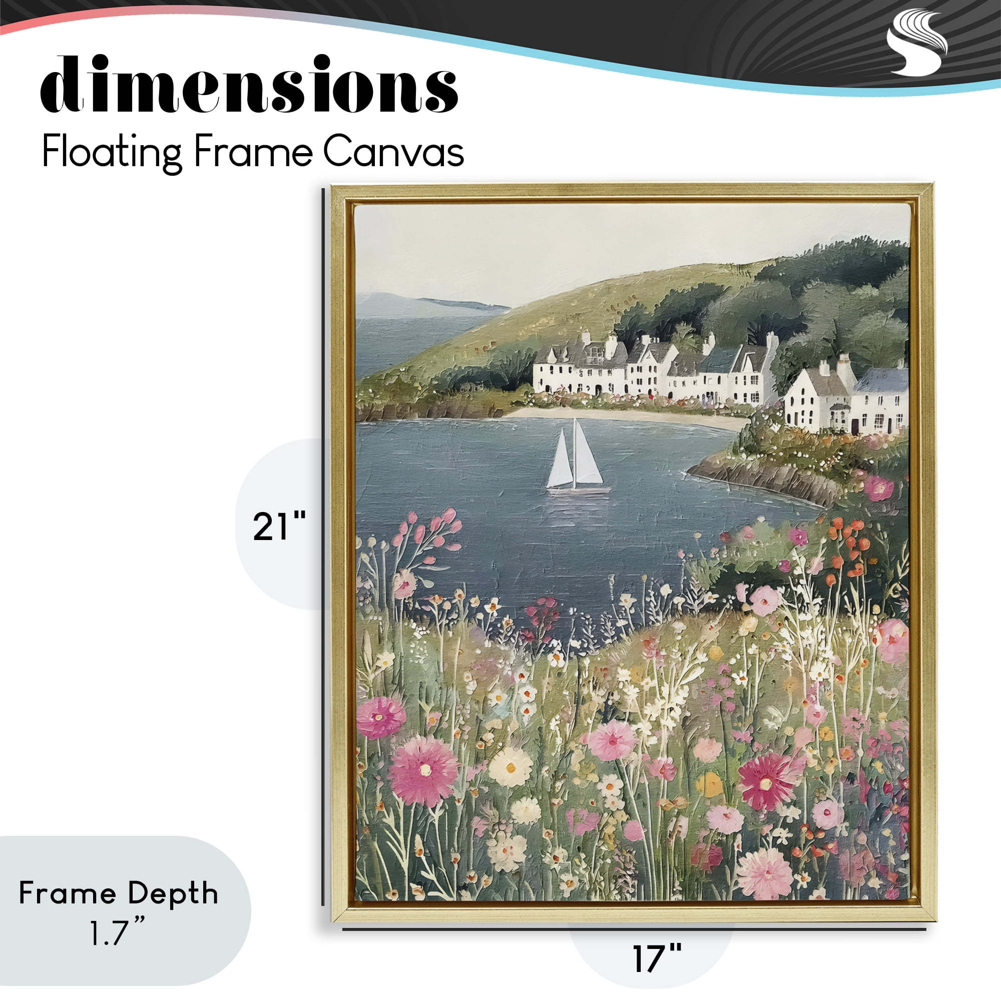 Stupell Industries Clifftop Meadow & Sailboat Gold Framed Floater Canvas Wall Art, design by Riley B