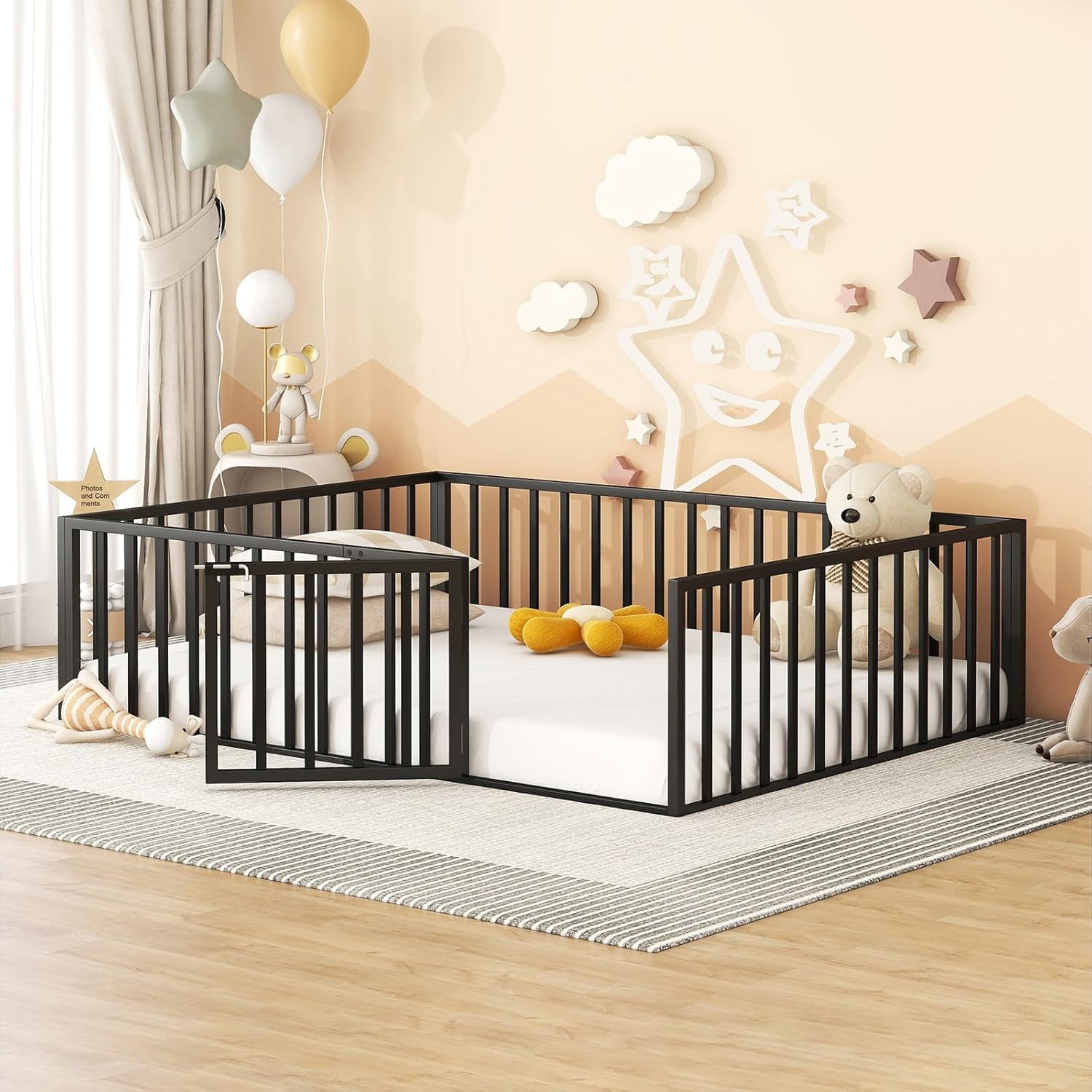 DreamBuck Queen Floor Bed Frame Metal Montessori Floor Bed with Rails and Door, Queen Size Bed Frame with Fence-Shaped Guardrails, Modern Queen Floor Beds for Boys, Girls, Easy Assembly