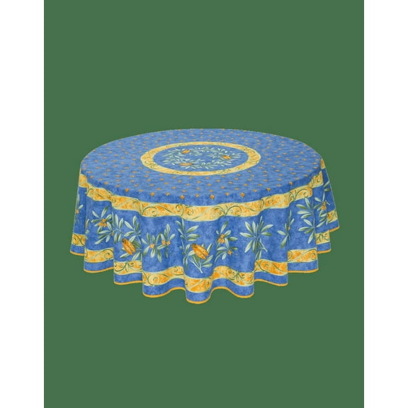 Round French Provencal Tablecloth Cigale Blue, 70" Round, Easy Care Stain Resistant, Acrylic Coated 100% Cotton by Tissus Toselli,  Provencal French Luxury Linen