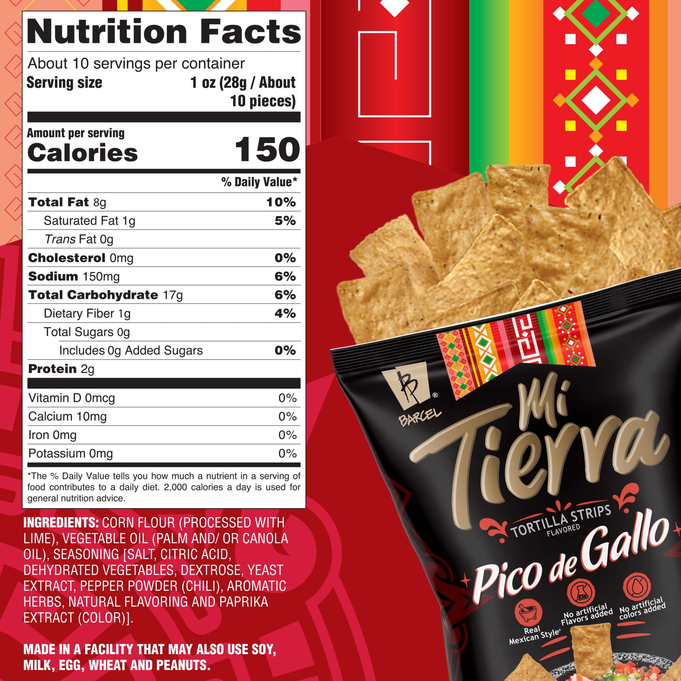 Barcel Mi Tierra Pico de Gallo 9.9 oz Bag, Tomato, Onion, Lime and Chili Pepper Tortilla Chip Strips