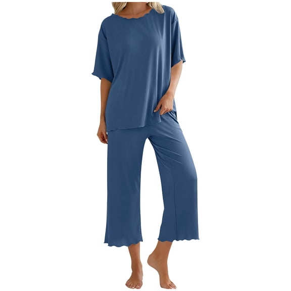 Jamicy Womens Lounge Set 2026 Summer 2 Piece Outfits Oversized Crew Neck Short Sleeve Tops & Wide Leg Pant Matching Sets Home Wear Clothing