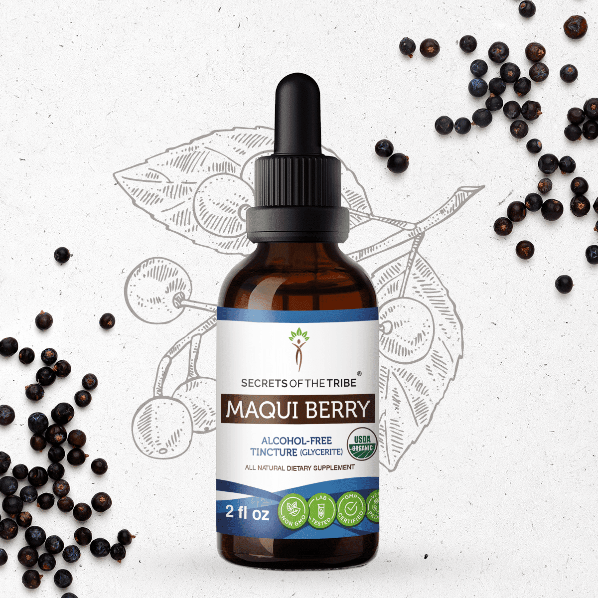 Secrets Of The Tribe Maqui Berry Organic Dietary Supplement, Natural Herbal Tincture for Antioxidant Support, Certified Organic Maqui berry (Aristotelia chilensis) Dried Berry, Alcohol-Free, 2 oz