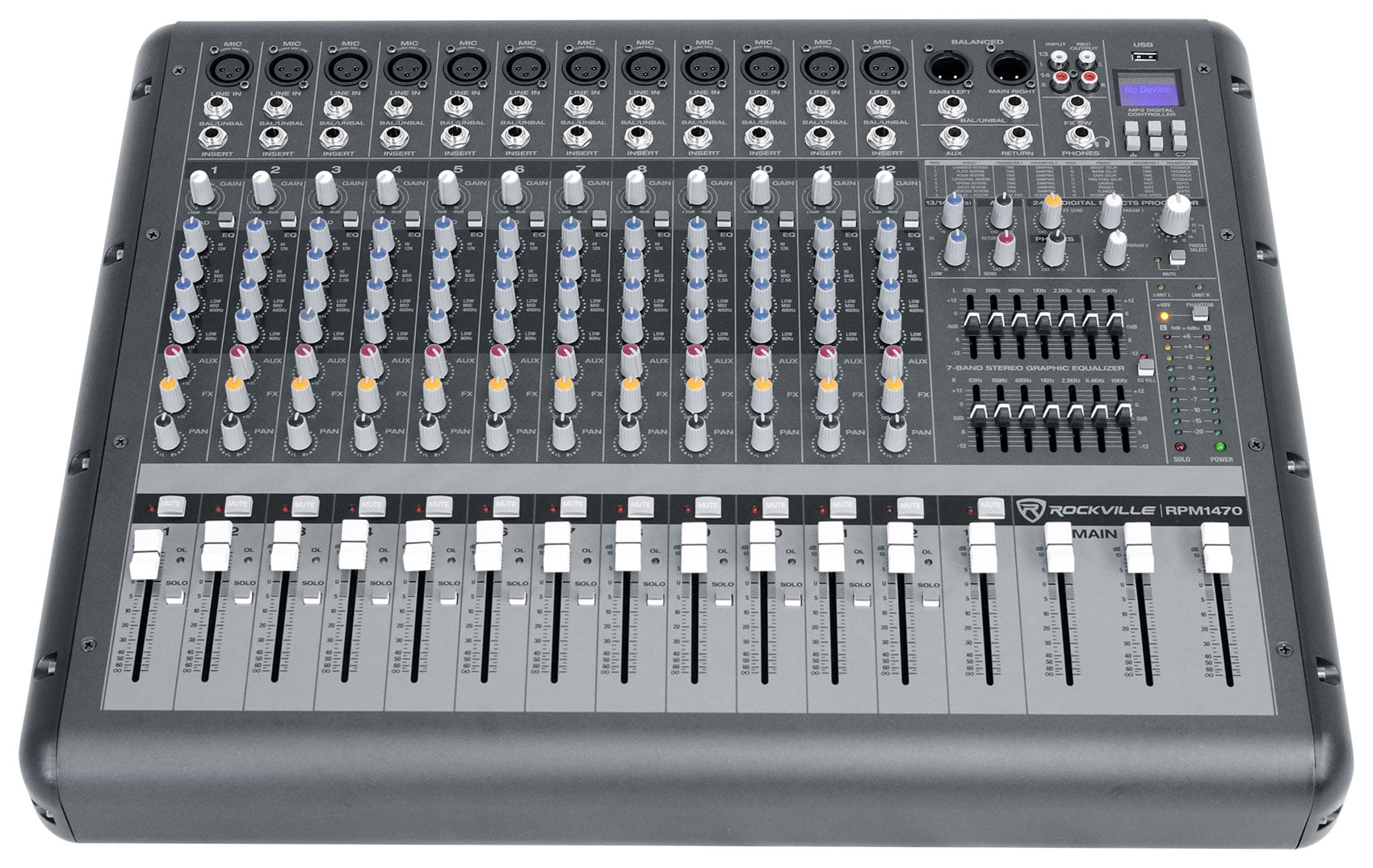 Rockville RPM1470 14 Channel 6000w Powered Mixer, USB/Effects+3 Mics+Case+Cables