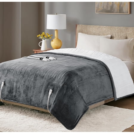 Degrees of Comfort Sherpa Plush Dual Control Electric Blanket Queen Size, Heating Blankets | Washable | Automatic Shut Off | Double Zone, 6 Heat Settings | 84" x 90" Grey
