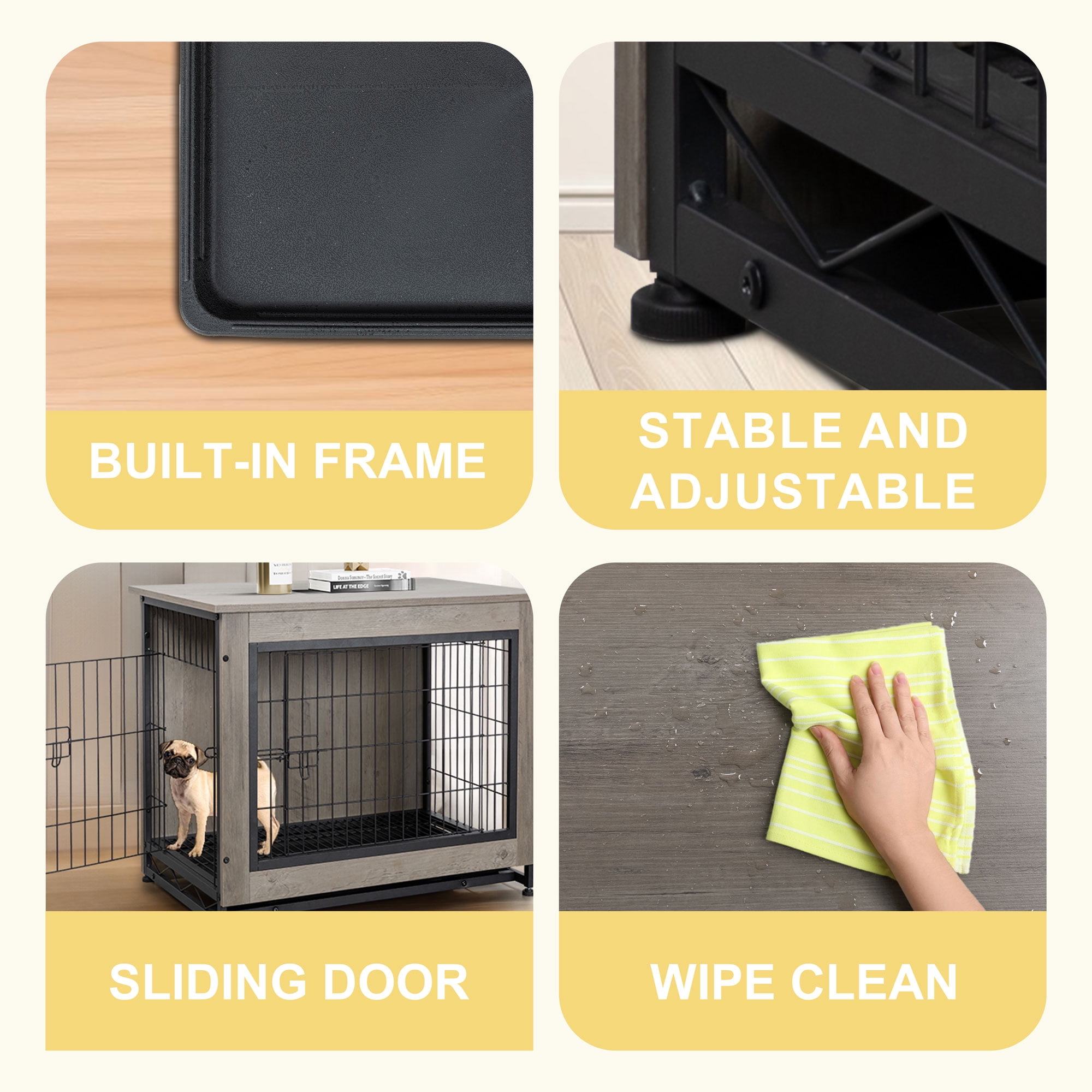 Walsunny Wooden Dog Crate Furniture,Double-Doors Kennel Indoor with Divider and Removable Tray,End Table Dog Crate for Decoration 27.2"L x 20.1"W x 23.6"H，Grey