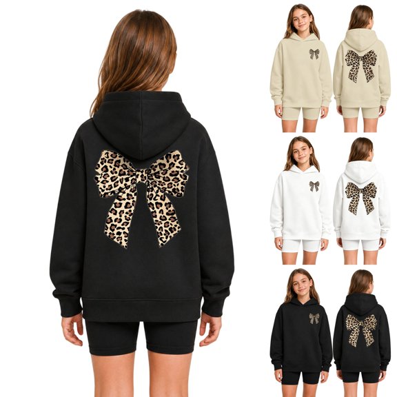 Shadoumai Girls Oversized Pullover Hoodies Leopard Bow Graphic Hooded Sweatshirts Spring Cute Trendy Sweater Pocket