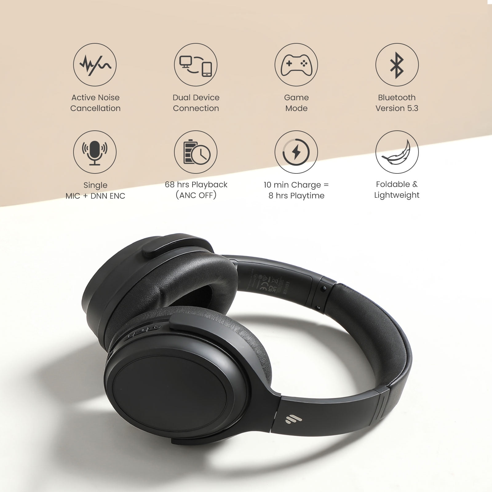 Edifier WH700NB Wireless Active Noise Cancellation Over-Ear Headphones - Black, Holiday Gift