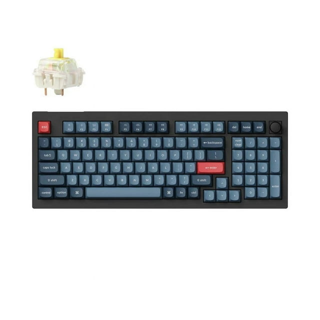 Keychron V5 Max Wireless RGB Mechanical Keyboard with hot-swappable Gateron Jupiter Banana switches, 96% layout with 100 keys, carbon black ABS plastic frame, blue and red OSA profile double-shot PBT keycaps, and a control knob, compatible with Windows, Mac OS, and Linux, ideal for multitasking across devices.