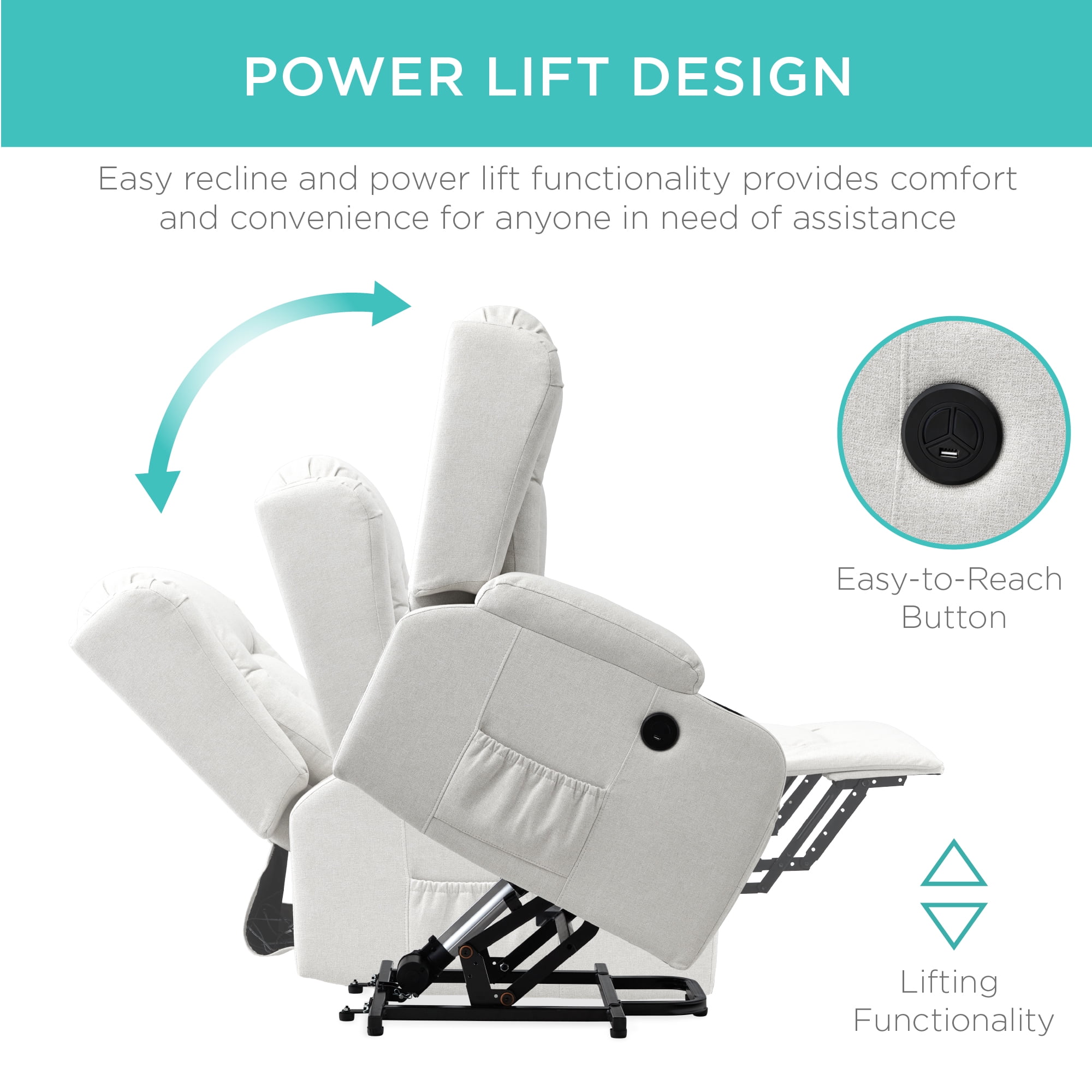 Best Choice Products Electric Power Lift Linen Recliner Massage Chair Furniture w/ USB Port, Heat, Cupholders - Ivory