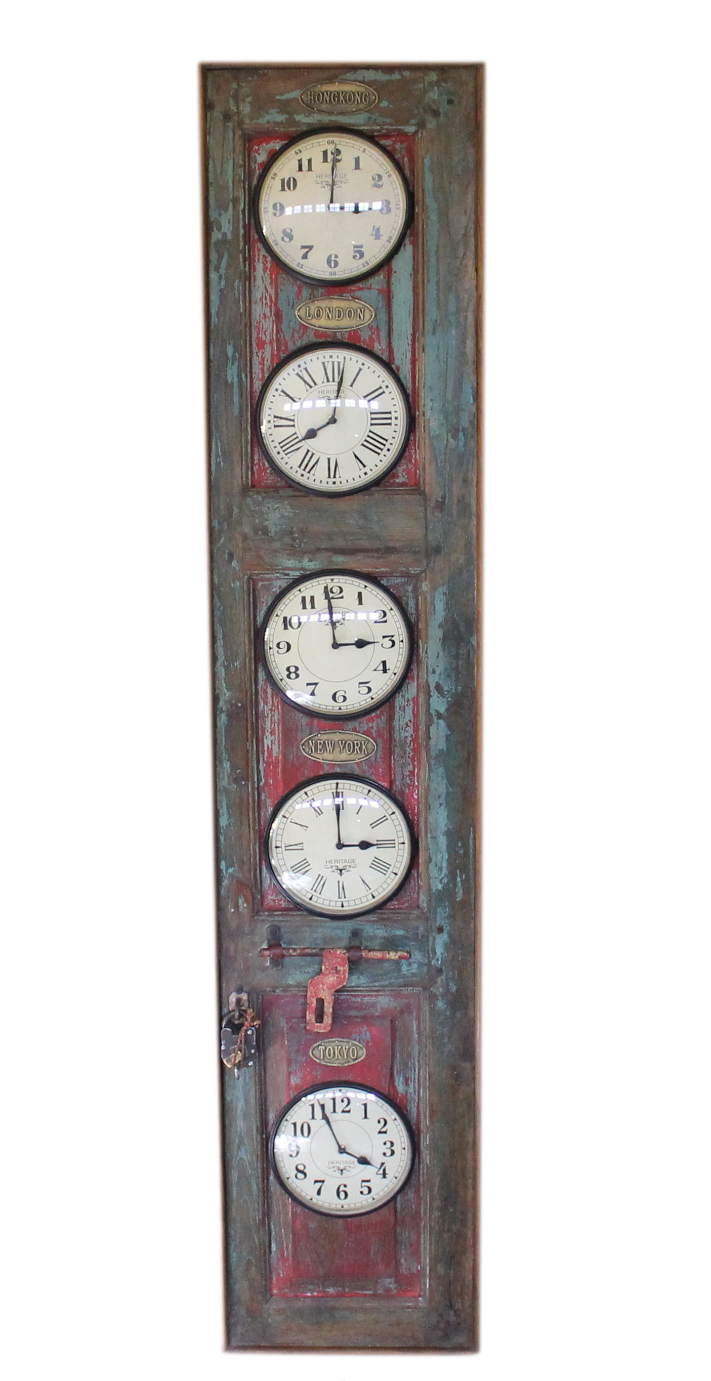 Vertical Recycled Door Wooden World Time Wall Clock