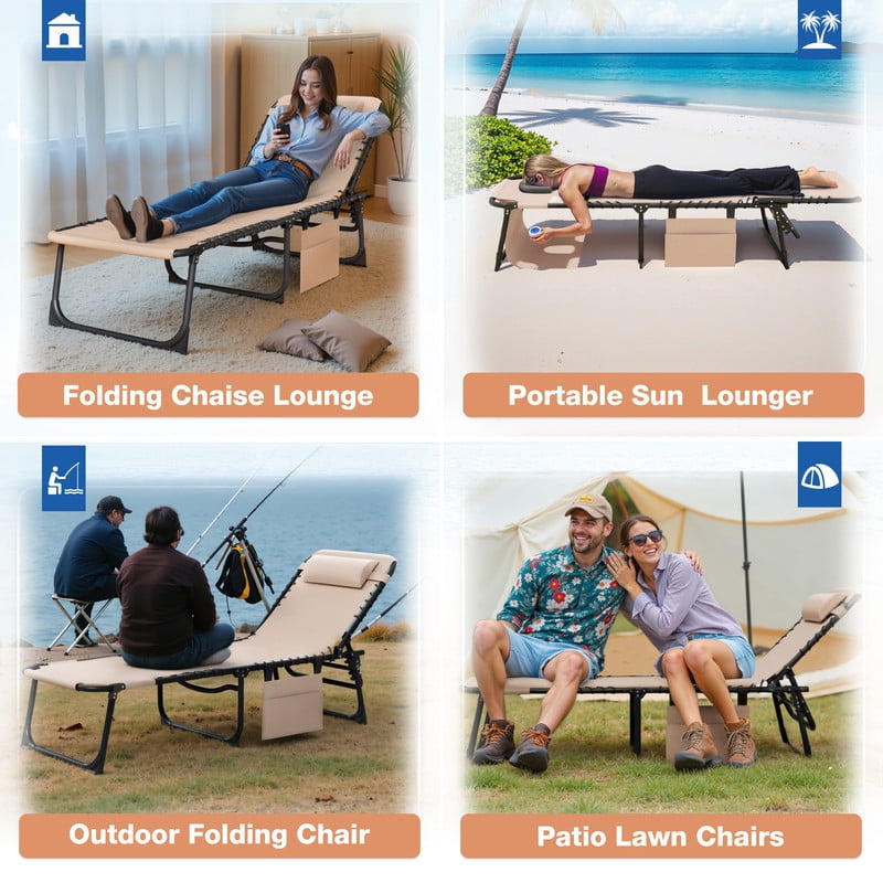 Vineego Folding Chaise Lounge Chair with Face Hole for Tanning, 5-Position Adjustable Textilene Outdoor Sunbathing Chair, Face Down Patio Pool Lounge Chair with Side Pocket & Pillow, Beige