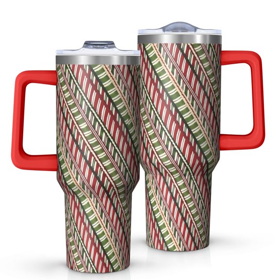 Red and Green Christmas Striped Pattern Tumbler with Handle and Lid,40oz Double Wall Vacuum Insulated Tumbler,Cups Gift for Women and Men