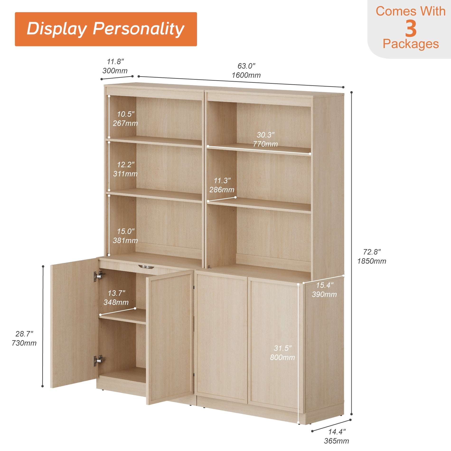 Modern 72" Tall Bookshelf with Storage Cabinet and Open Book Shelves, Wood Book shelf for Home Office, Living room,Beige