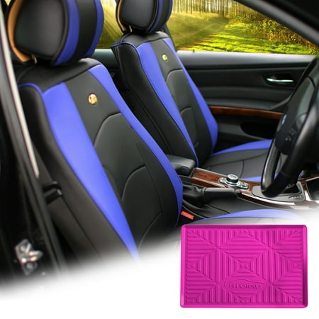 FH Group Blue Black PU Leather Front Bucket Seat Cushion Covers for Auto Car SUV Truck Van with Hot Pink Dash Mat