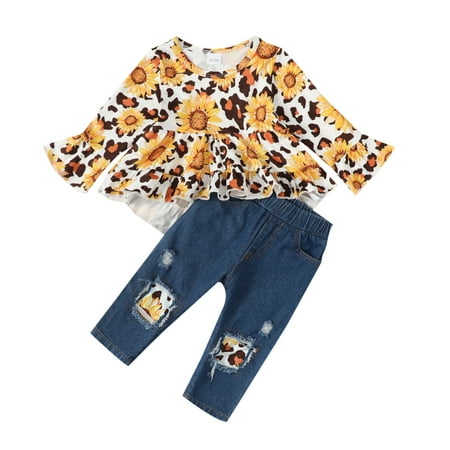

KIMI BEAR Baby Girls Outfits 12 Months Infant Girl Fall Winter Outfits 18 Months Infant Girl Sunflower Leopard Prints Panel Long Sleeve Peplum Tops + Ripped Jeans 2PCS Set Yellow