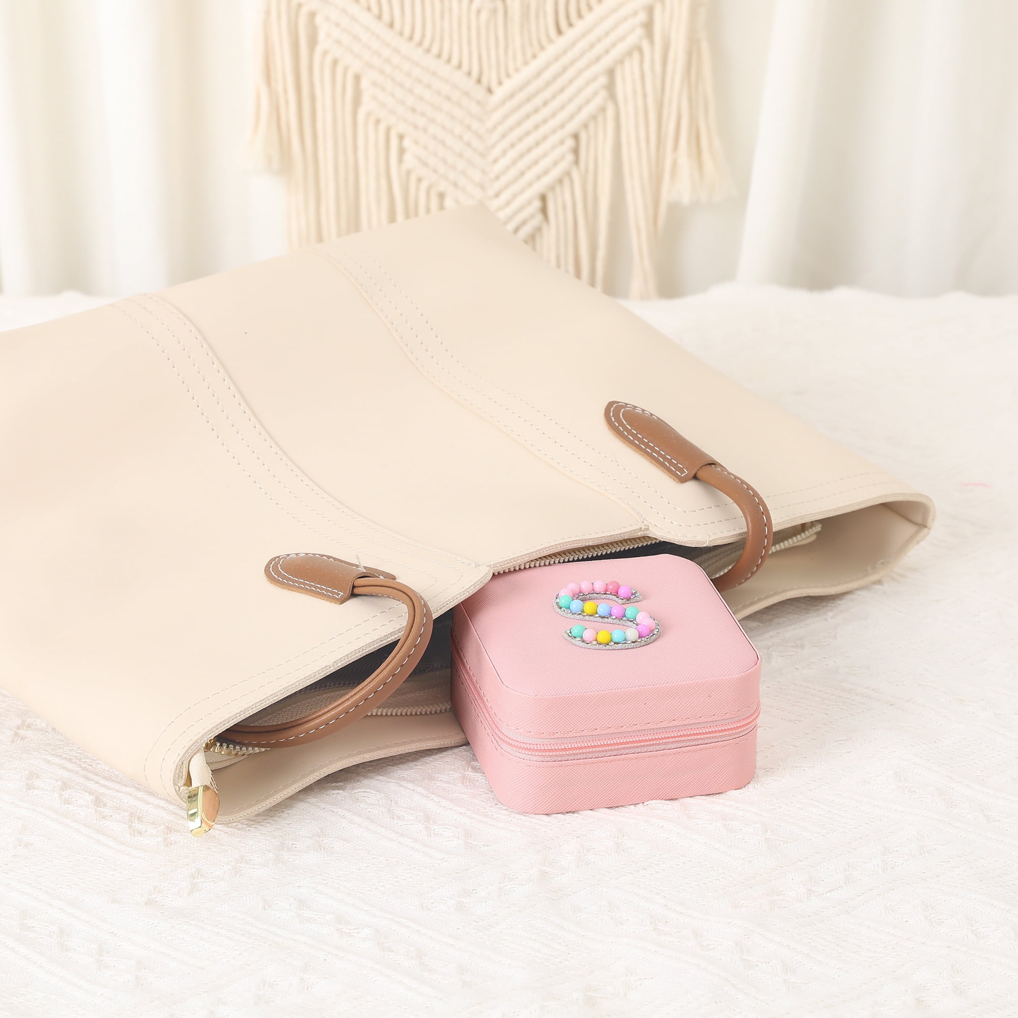 Unique Bargains Mini PU Leather Jewelry Box with Mirror Pink Letter S
