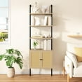 thumbnail image 2 of 73" Tall Bookshelf with Cabinet, Industrial Ladder Wall Mount Shelf Rattan Bookcase with Wood and Metal Frame, Plant Shelf Wall Storage Display for Living Room Bedroom,Light Ivory Brown, 2 of 16