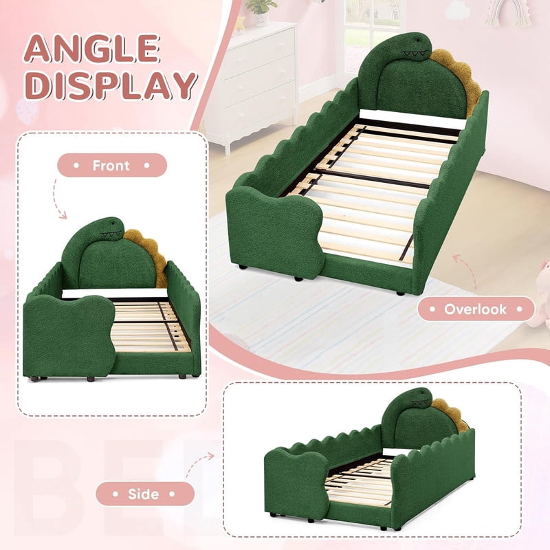 Twin Size Upholstered Platform Bed with Dinosaur Shaped Headboard, Boucle Fabric Kids Bed with Slats Support, Space-Saving Daybed for Girl, Boy, Teenager