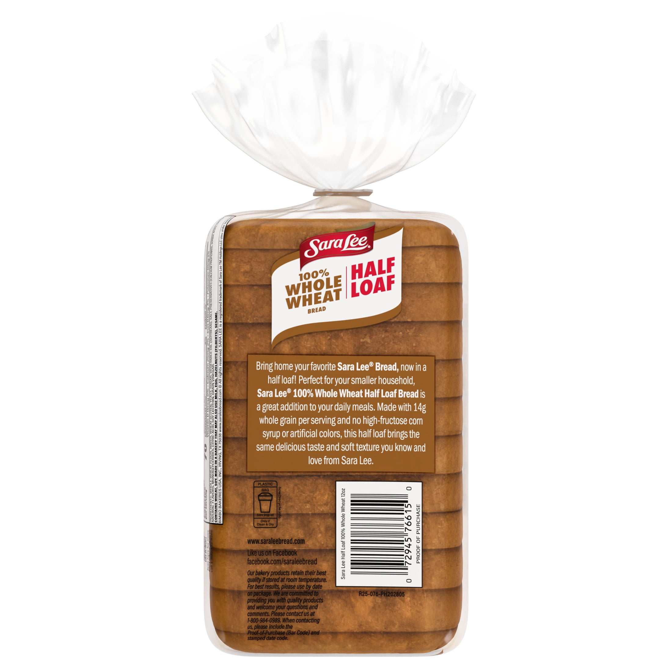 Sara Lee 100% Whole Wheat Bread, Half Loaf, 12 oz, Sandwich Bread, Bag
