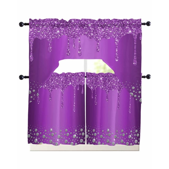 Modern Purple Kitchen Curtains Sets 24 Inch Length with Valance, Abstract Diamond Luxury Gradient Swag Valances and Tiers Curtain Set Drapes Swag Curtains for Living Room, Bathroom, Bedroom, Cafe