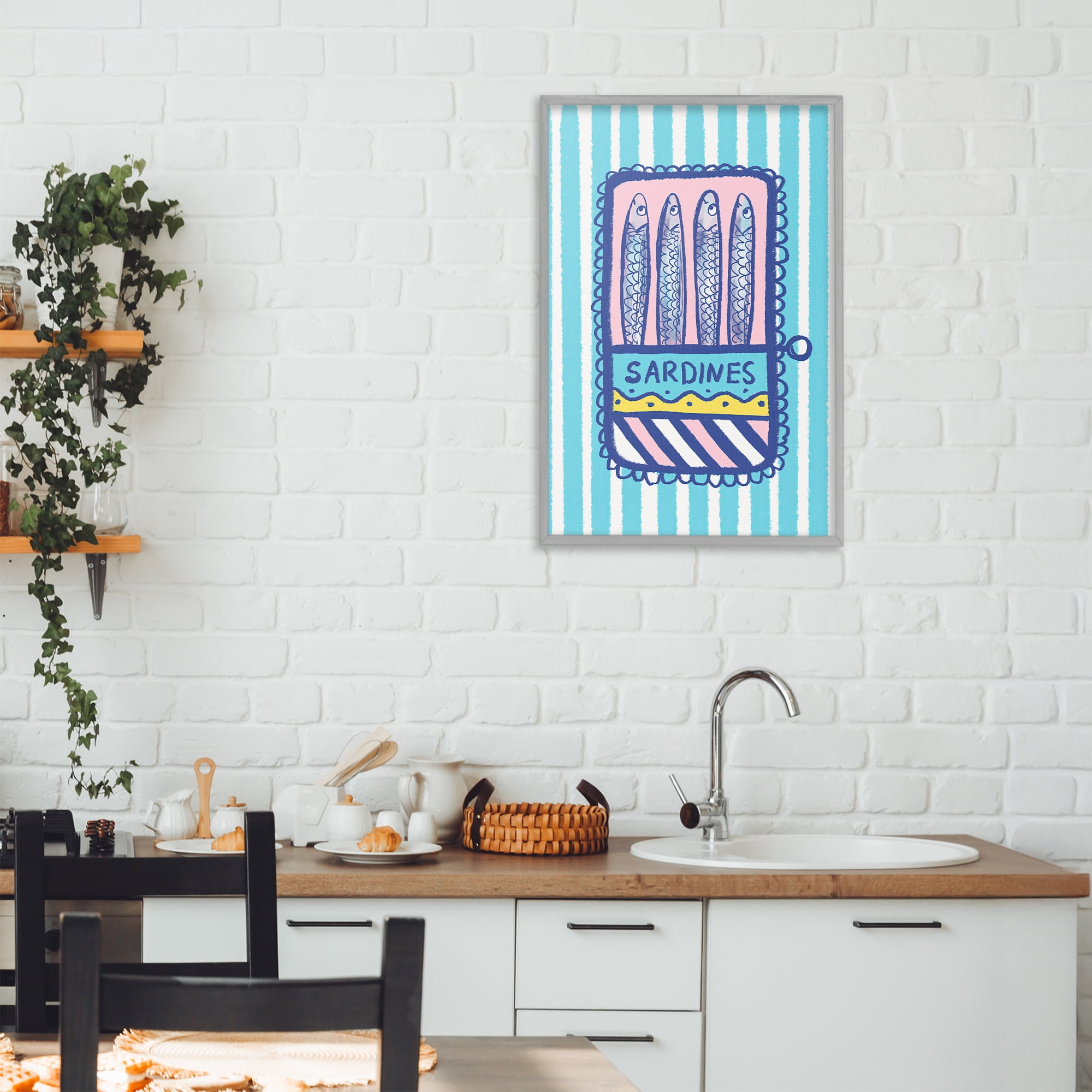 Stupell Industries Pastel & Stripes Sardines Gray Framed Giclee Art, design by Florentina Dolci