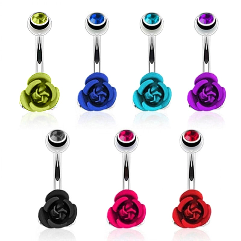 Stainless Steel Flower Rose Piercing Belly Button Ring Barbell Body Jewelry Women Dancing Body Chains Plug M8694
