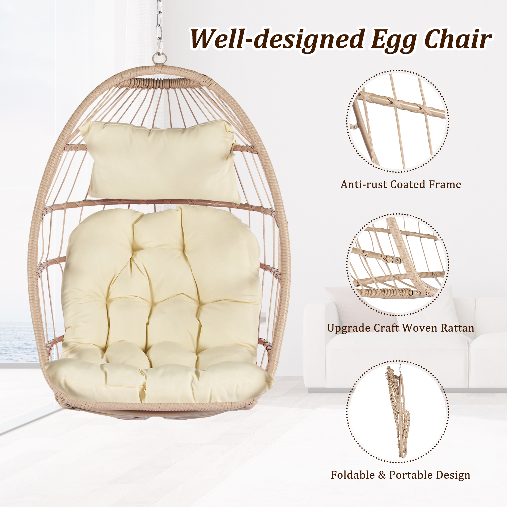 Wicker Folding Egg Chair, Indoor Outdoor Swing Egg Chair, Garden Porch Backyard Patio Lounge Chair, Khaki Cushion - image 3 of 10