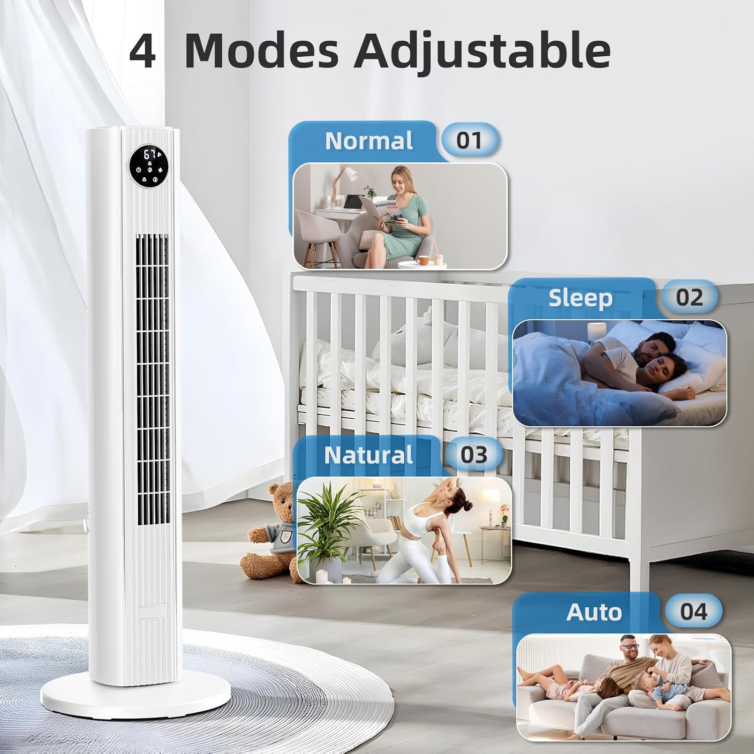 FREE VILLAGE 36 inch Tower Fan Portable Floor Fans,85°Oscillating Fan Quiet Cooling 12H Timer Remote Control Standing Bladeless Electric 3 Wind Speeds 4 Modes Bedroom Drom Office,White