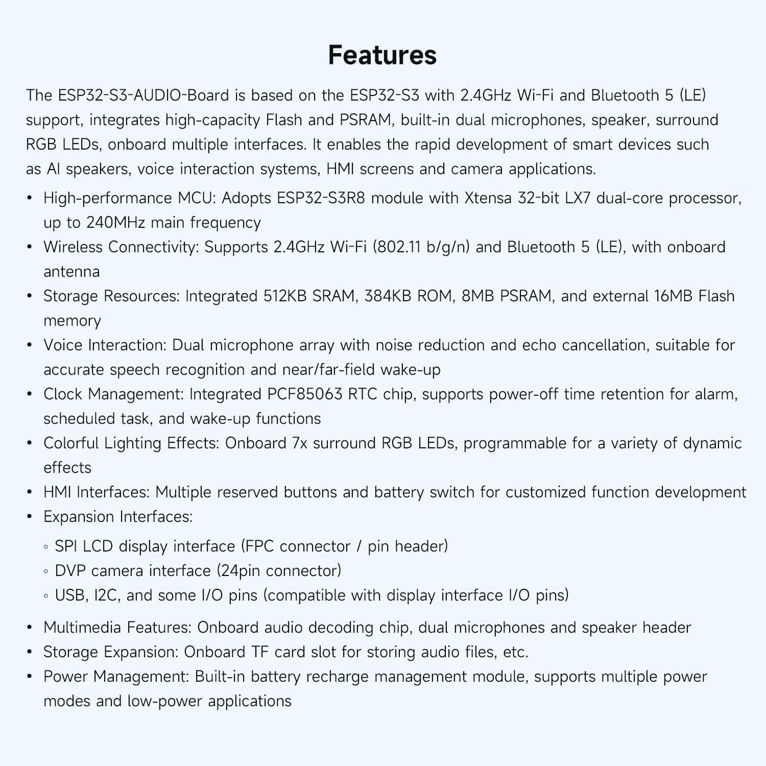 ESP32-S3 AI Smart Speaker Development Board, Dual Microphones, Noise Reduction, RGB Lighting, External Display & Camera Support, with 3.7V MX1.25 Lithium BAT