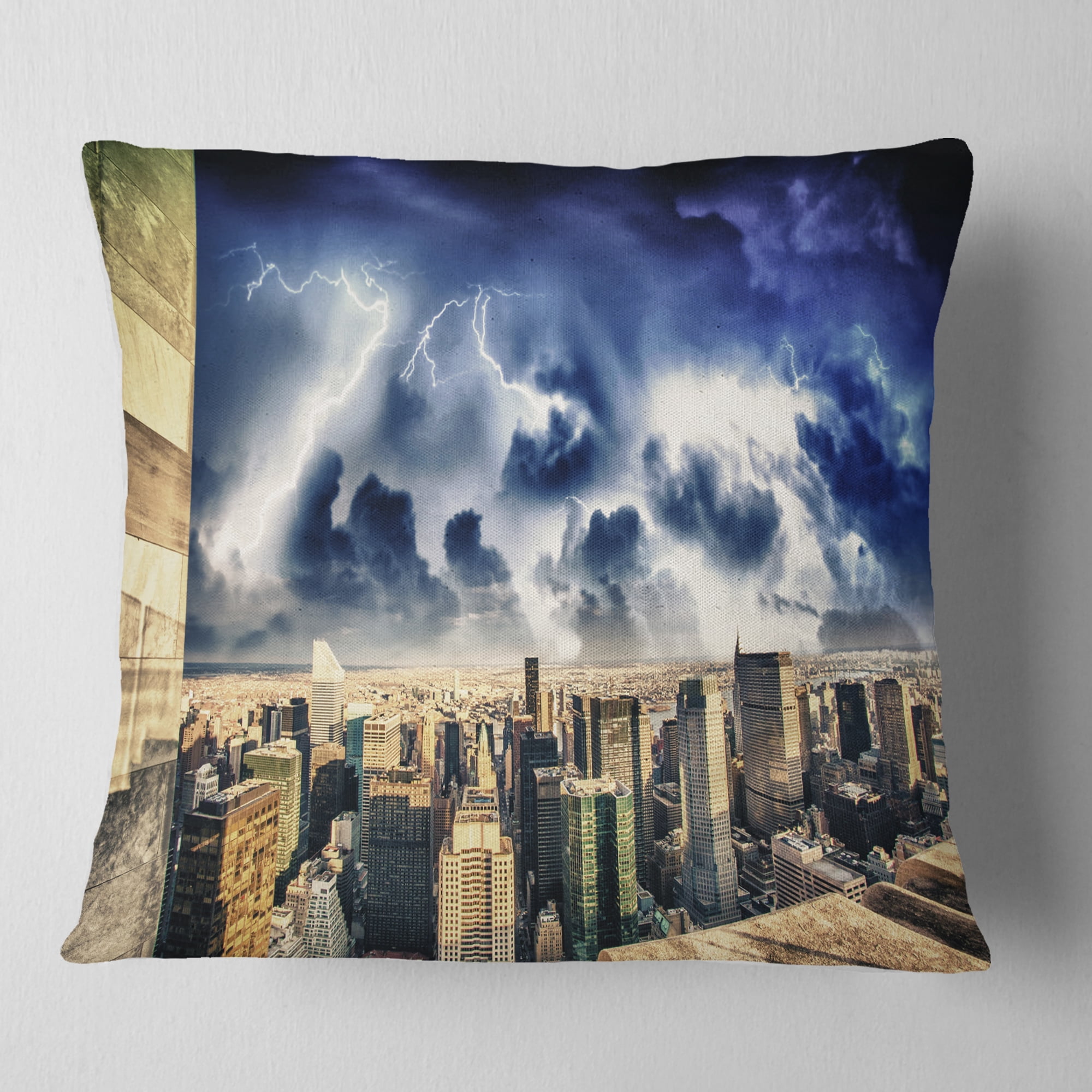 Designart Storm Above Manhattan Skyscrapers - Cityscape Photo Throw Pillow - 18x18