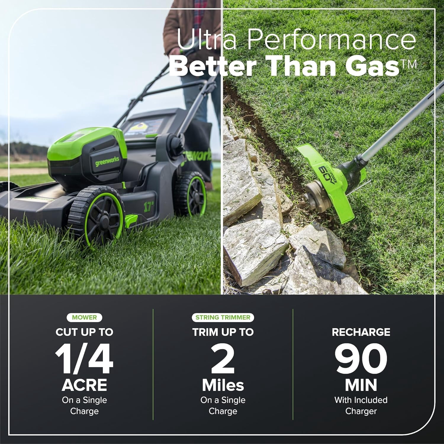 Greenworks 60V 17" Brushless Push Mower & 60V 13" String Trimmer with 4.0 Ah Battery & 3A Charger