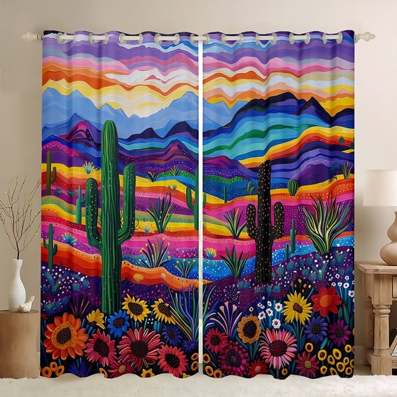 Feelyou Cartoon Green Cactus Curtains Pack of 2 (42x84 Each), Rustic Groovy Floral Curtains Blackout, Teens Boys Girls Kids Bedroom Curtains, Blackout Curtains Bedroom Decor