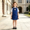 thumbnail image 5 of WAYUTE Girls 3 Piece School Uniform Outfit Sleeveless Button Front Vest and Pleated Skirt with Bow Tie Kids Formal Clothing Set Casual Daily Wear,Blue,Size 12-18 M, 5 of 5