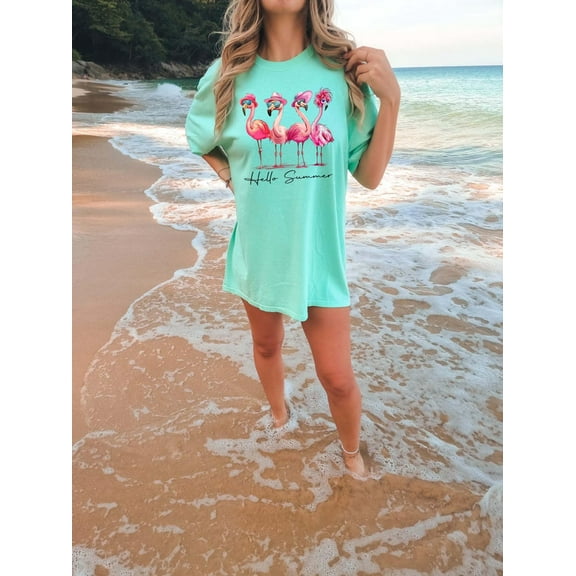 Hello Summer T-Shirt, Cute Flamingo Shirt, Summer Beach Graphic Tee, Funny Vacation Shirt, Tropical Animal T-Shirt