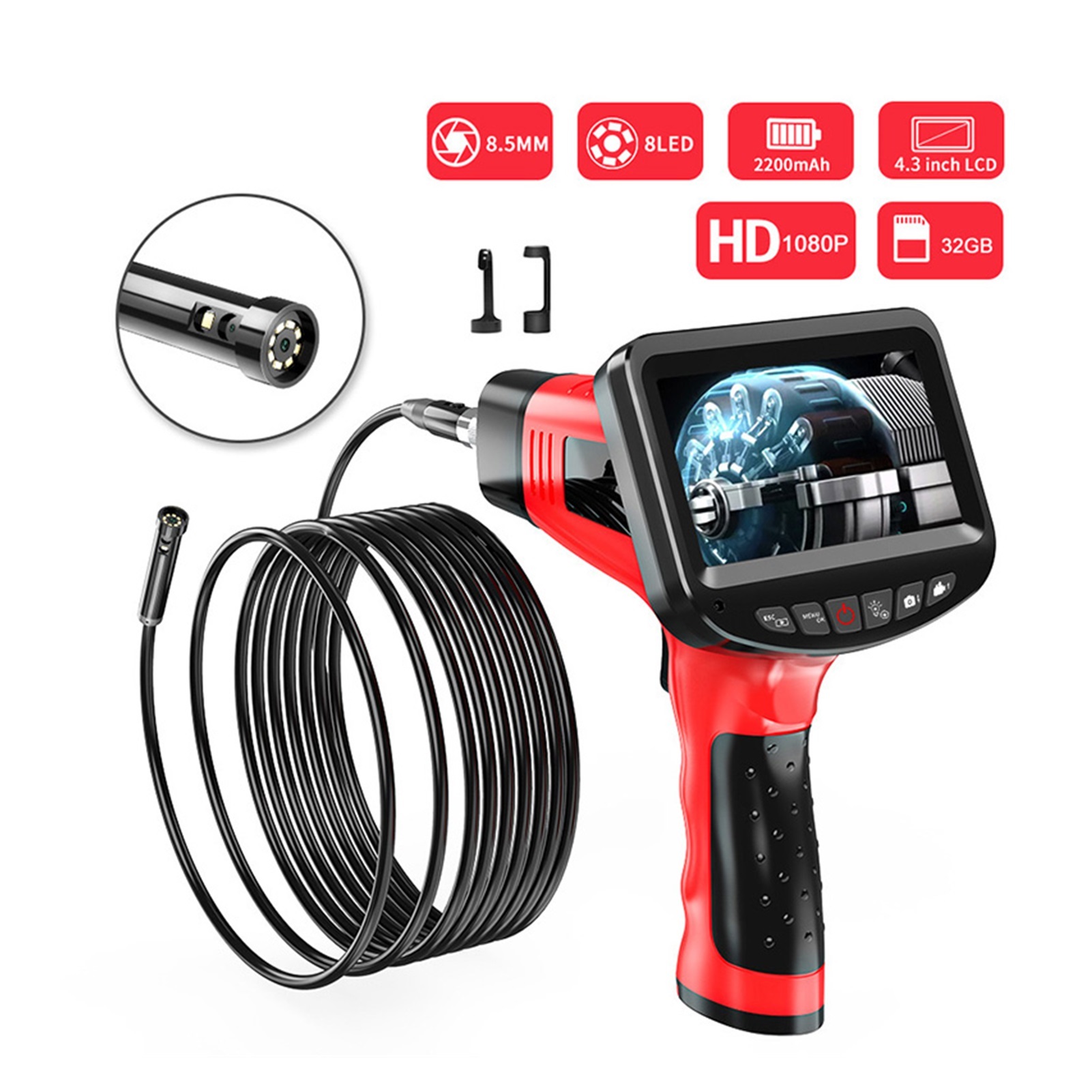 Industrial Endoscope 8.5MM 1080P HD Digital Dual Lens Borescope Camera Waterproof 4.3 Inch LCD Snake Camera with 32GB TF Card ,Various Applicable