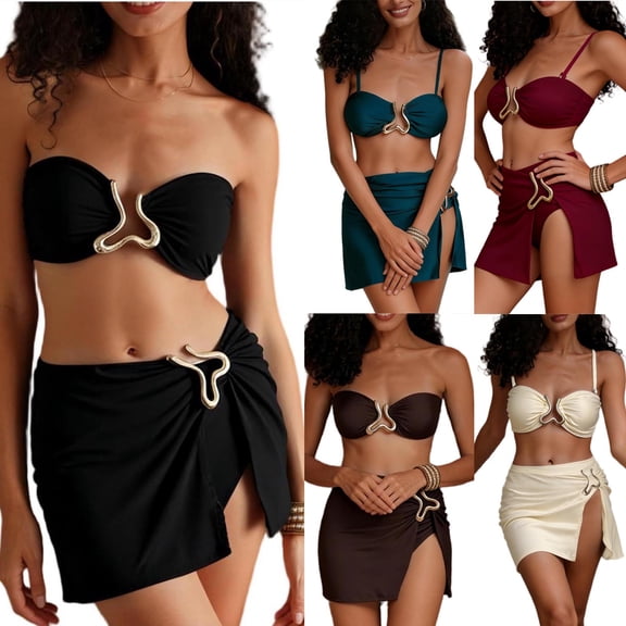 FRSASU Women’s Bikini Set with Skirt Two Piece Swimsuits High Waisted Swim Skirt Bathing Suit Summer Swimwear Wine