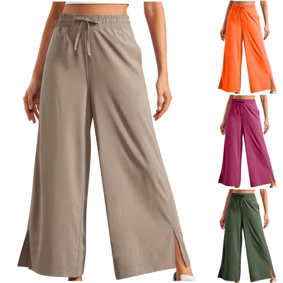 HVOBTTY Women's Fall Wide Leg Long Trousers Active Elastic Waist Split Ankle with Side Functional Pockets Pants